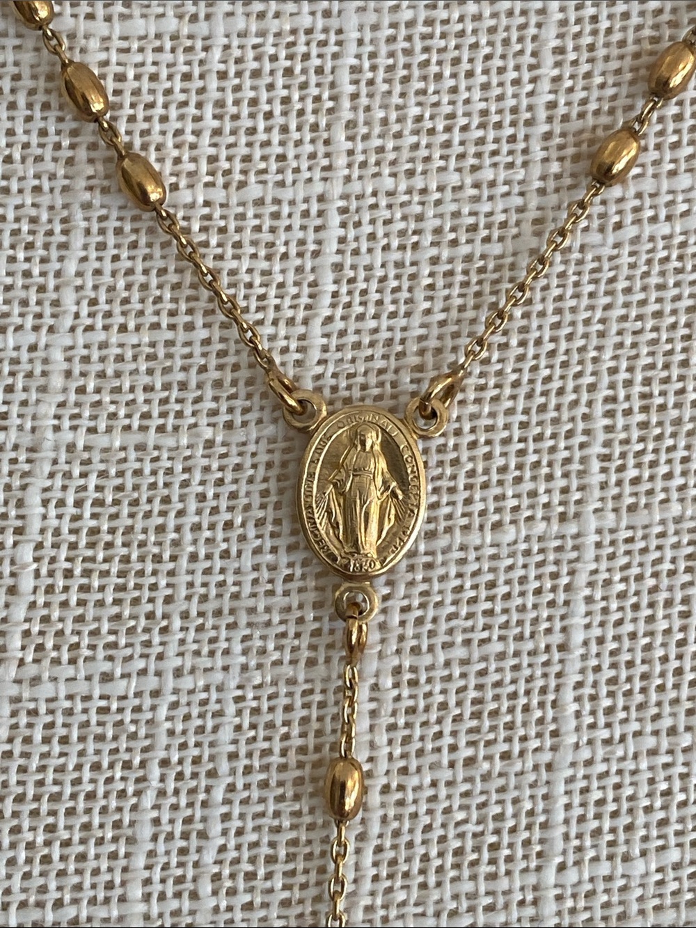 Gold Rosary-Style Cross Lariat Necklace